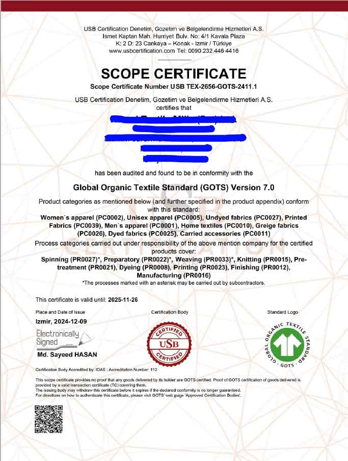 garantit que l’entreprise certifiée respecte les normes de production textile biologique. garantit que l’entreprise certifiée respecte les normes de production textile biologique.