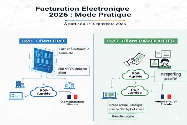 Infographie expliquant la réforme de la facturation électronique 2026 : différence entre B2B (facture électronique via PDP) et B2C (note classique et e-reporting à l'administration fiscale).